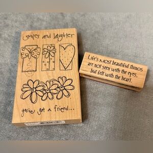 Wooden Rubber Stamp Set with Floral and Sentiment Designs - Natural Wood